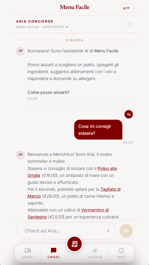 Aria AI Concierge menUnico